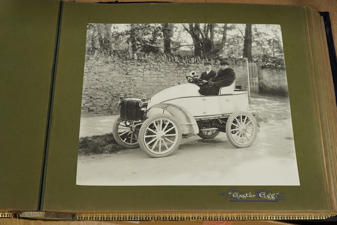 An Edwardian decorated photograph album relating to Oriel College, University of Oxford & Westminster School, with hand painted decorated titles for each mounted photograph, black-and-white photographs and bound in Oxfor